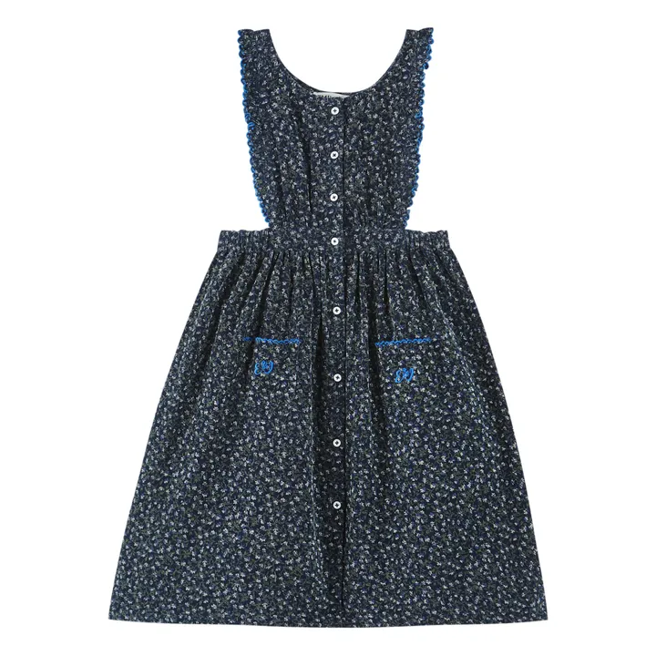 Robe Tablier Velours Côtelé Fleurie | Bleu marine- Image produit n°0