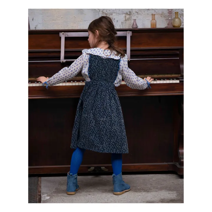 Robe Tablier Velours Côtelé Fleurie | Bleu marine- Image produit n°2