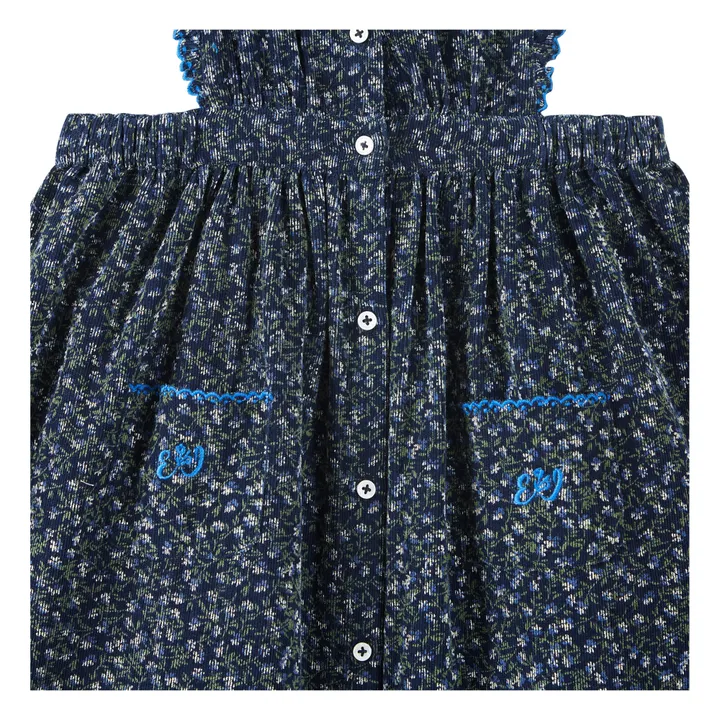 Robe Tablier Velours Côtelé Fleurie | Bleu marine- Image produit n°4