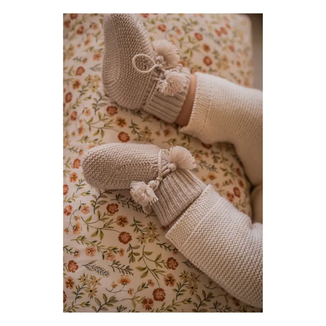 Knitted Booties and Embroidered Pouch | Pearl grey