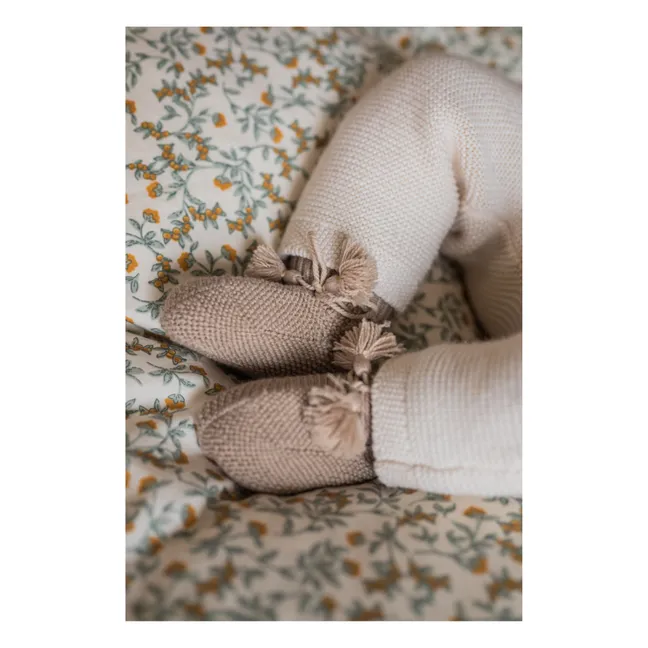 Knitted Booties and Embroidered Pouch | Taupe brown