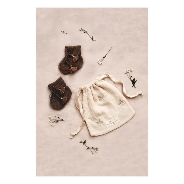 Knitted Booties and Embroidered Pouch | Chocolate