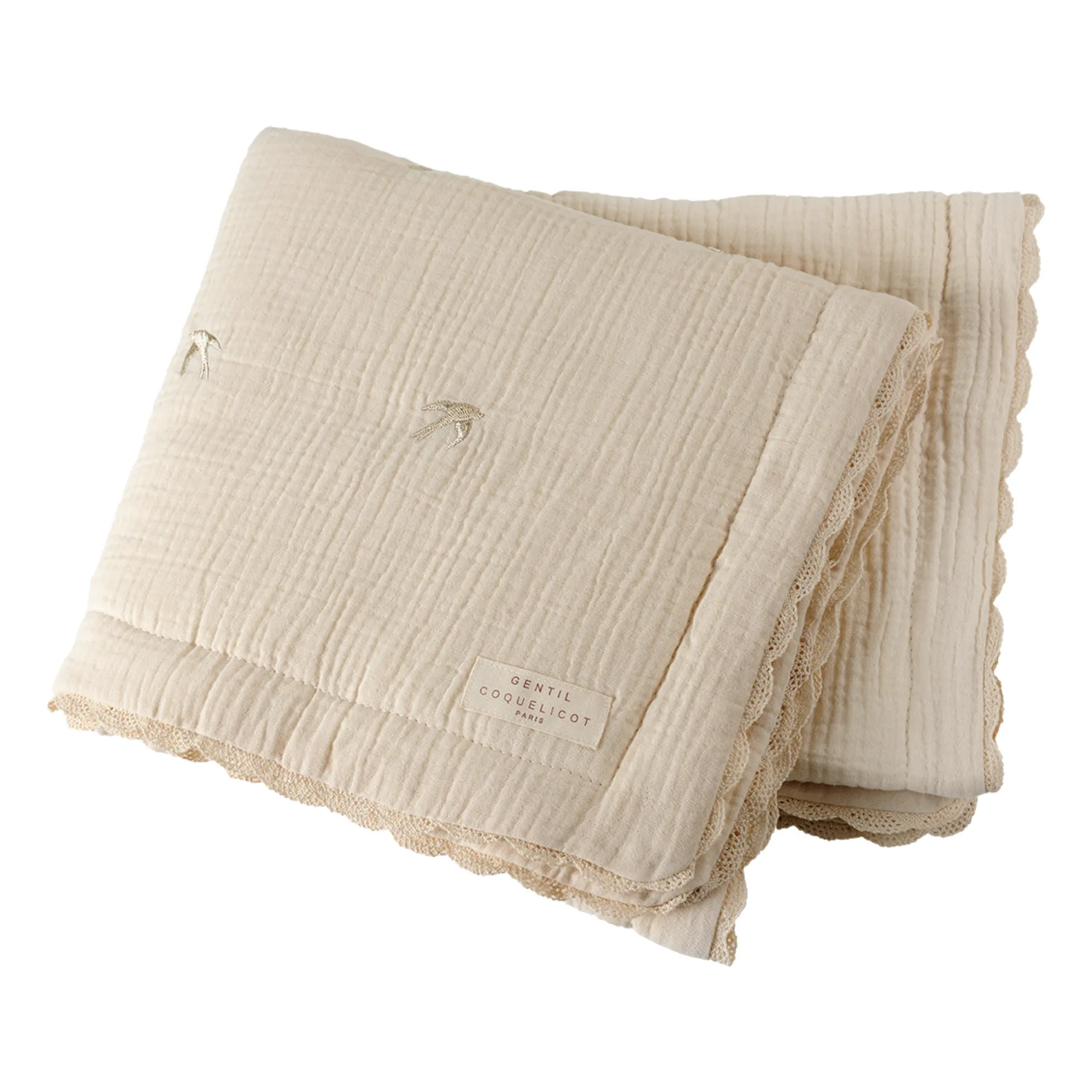 Gentil Coquelicot - Plaid matelassé brodé hirondelles en gaze de coton (Gentil Coquelicot) - Couverture