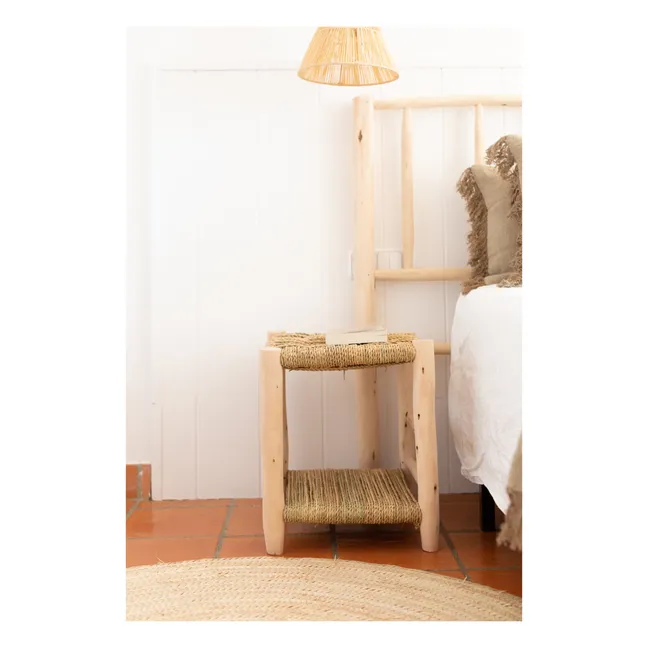 Palm Leaf and Raw Wood Bedside Table