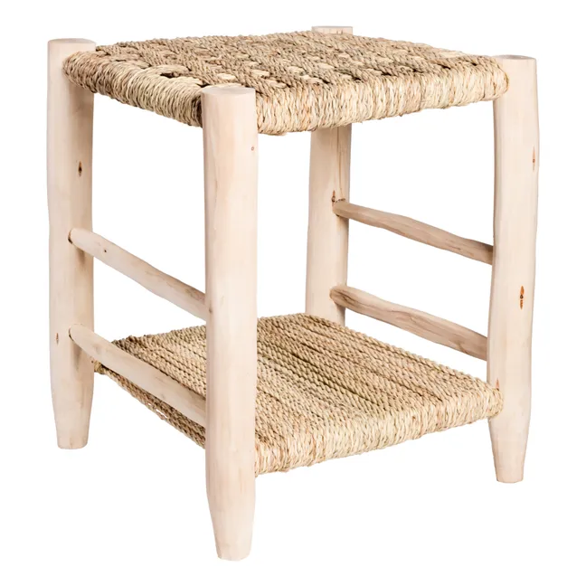 Palm Leaf and Raw Wood Bedside Table
