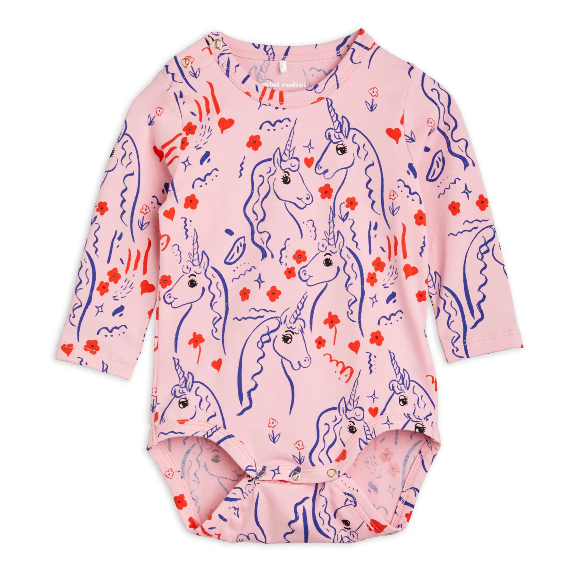 Mini Rodini Pink Organic Cotton Unicorn Baby Bodysuit