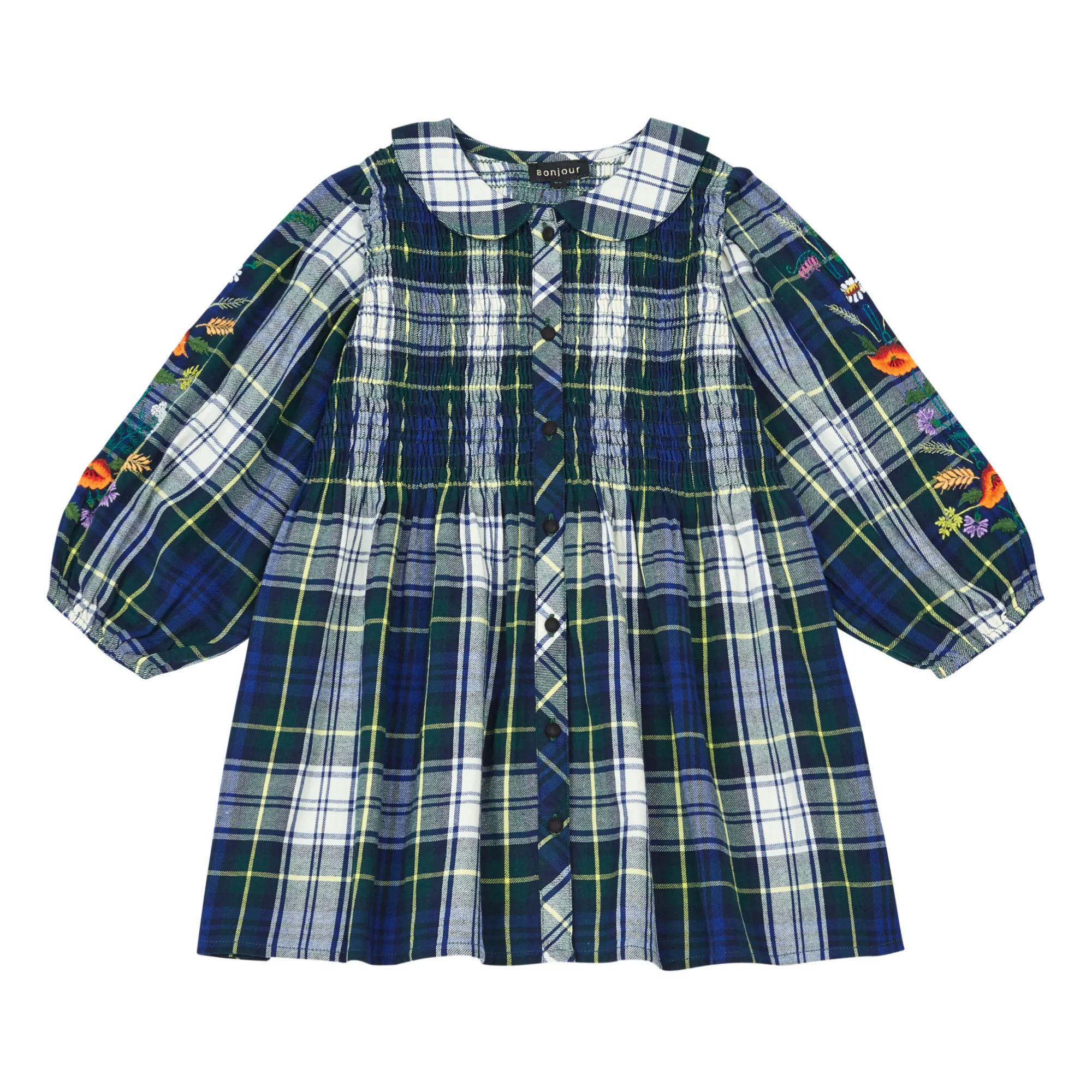 Bonjour Navy Blue Hand Embroidered Checkered Blouse