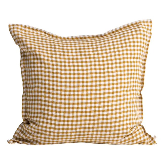 Gingham Washed Linen Pillowcase | Yellow Curry colour