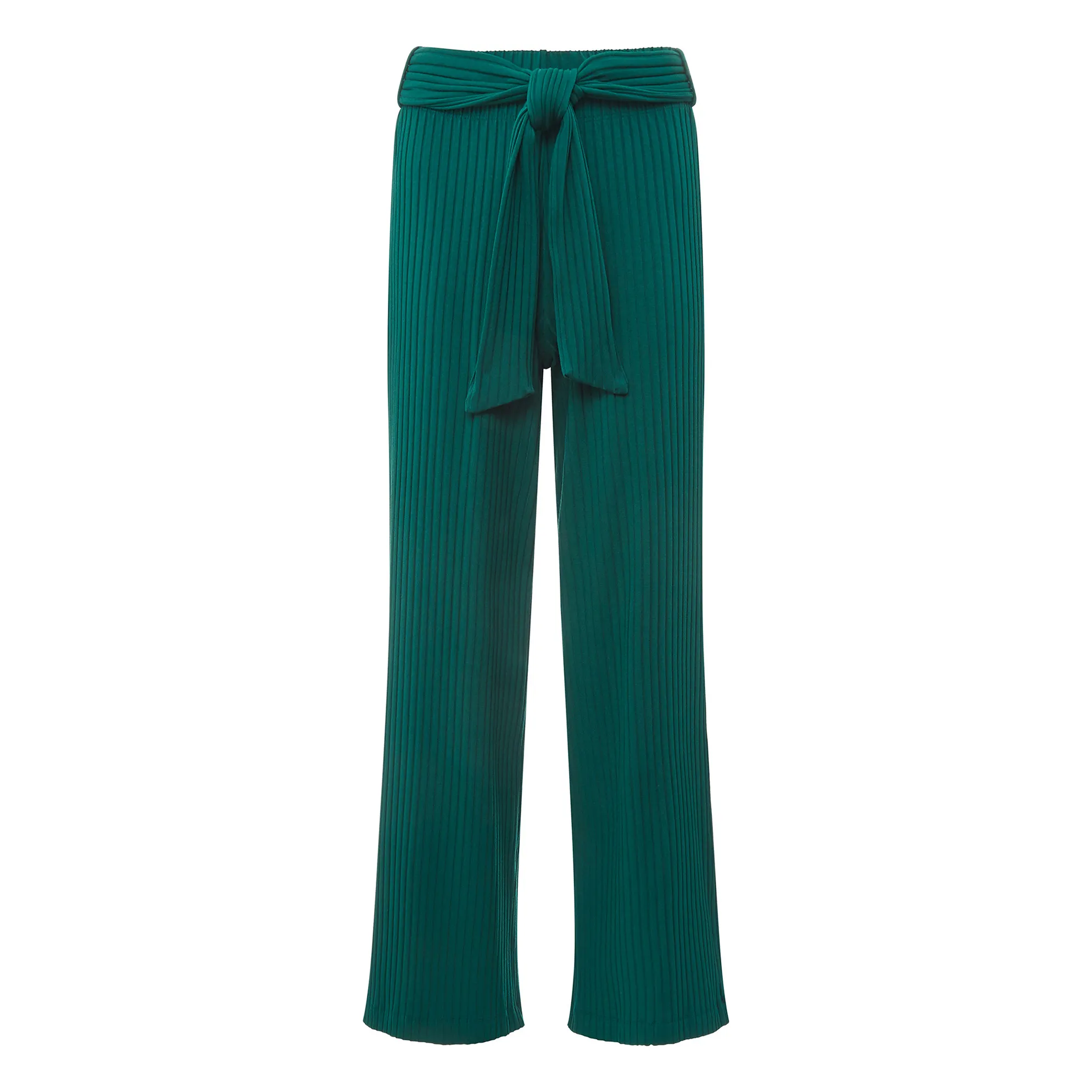 Alma Deia Emerald Green Ribbed Jersey Wide-Legged Trousers