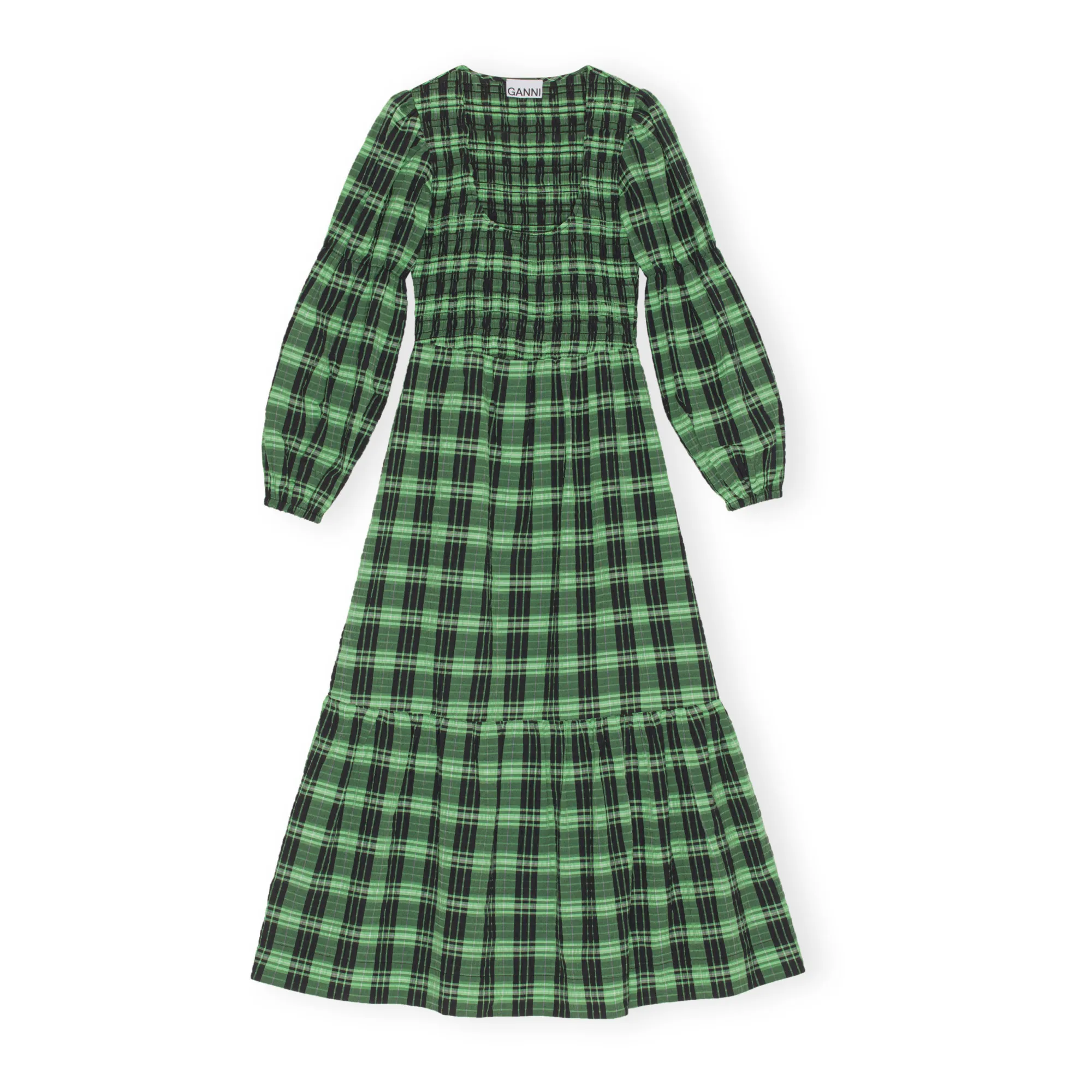 Ganni Green Checked Organic Cotton Smock Dress
