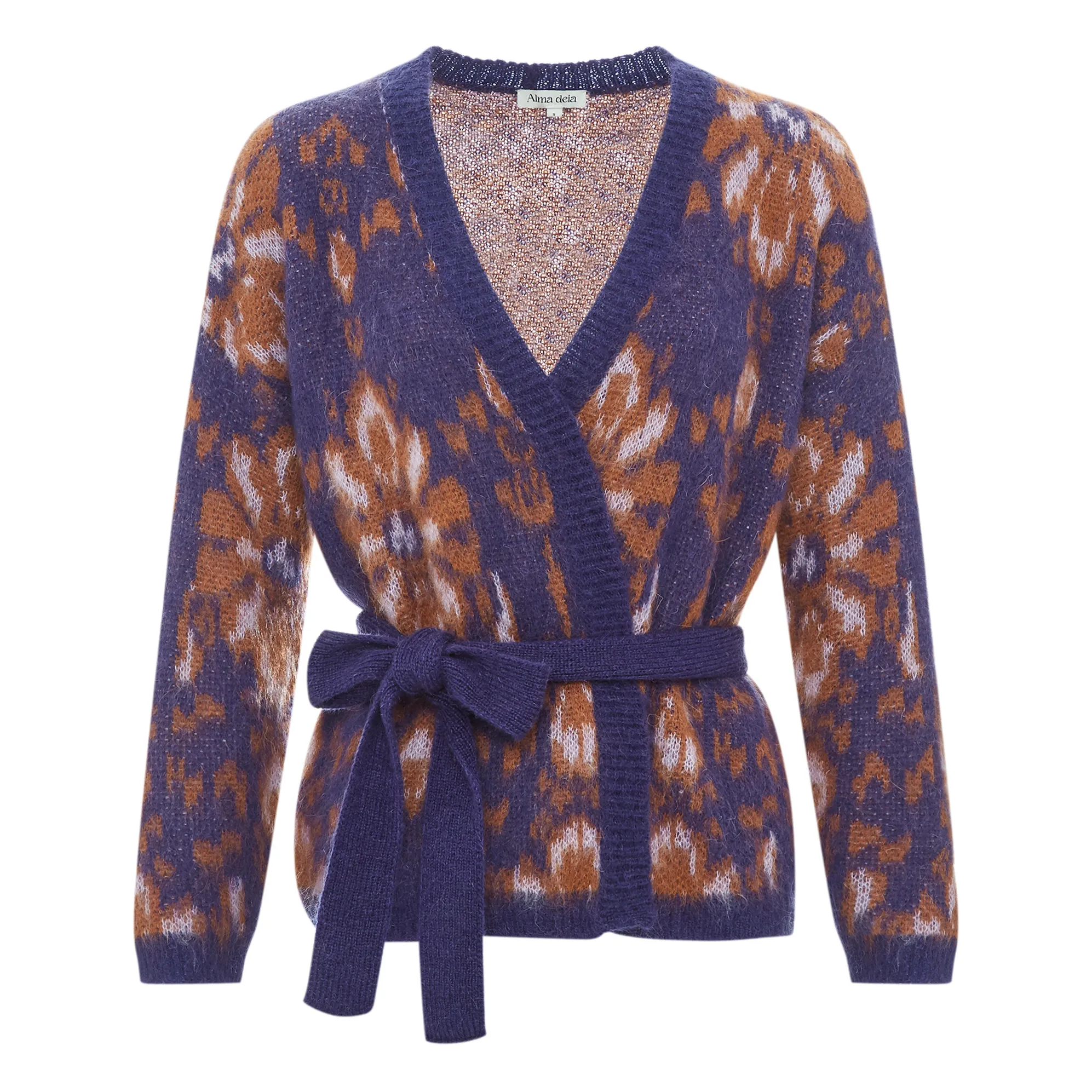 Alma Deia Dark Purple Merino Wool Jacquard Belted Cardigan