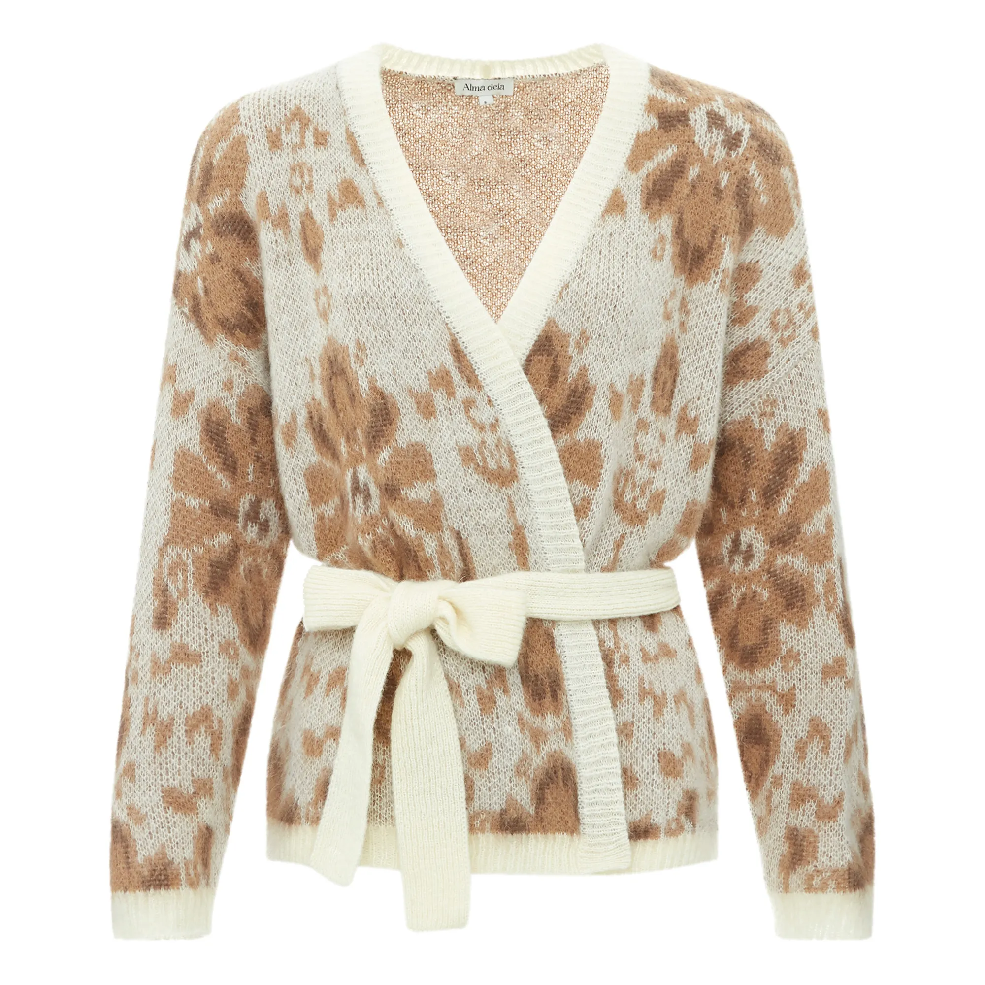 Alma Deia Off White Merino Wool Jacquard Belted Cardigan