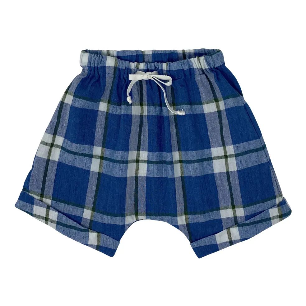 Zhoe & Tobiah Blue Checked Linen Harem Pants