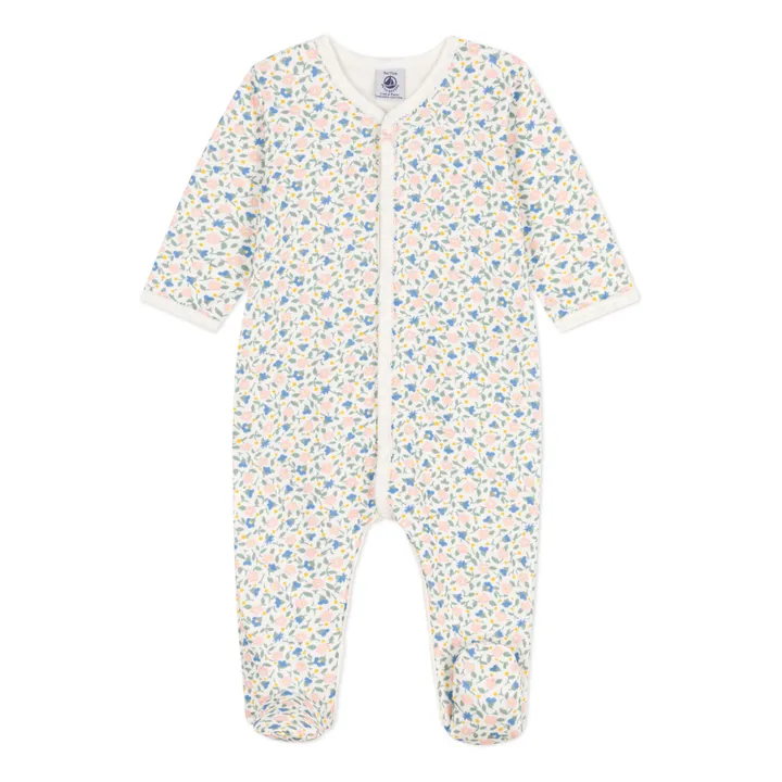 Pyjama avec Pieds Fleurs Coton Bio | Ecru- Image produit n°0