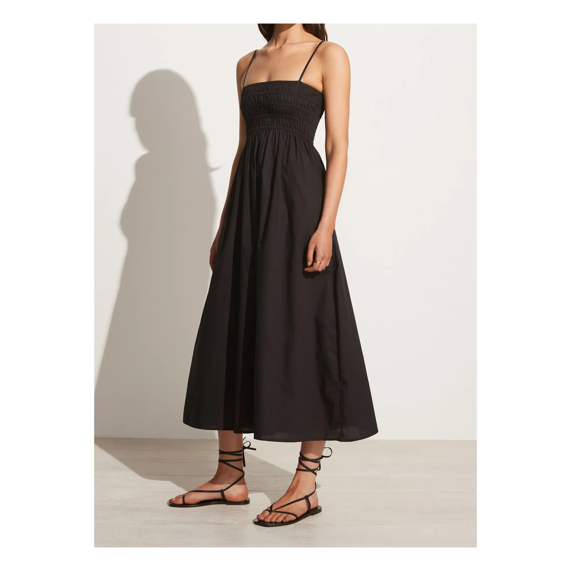 straight black midi dress ROVE Linen Midi Dress Off-shoulder