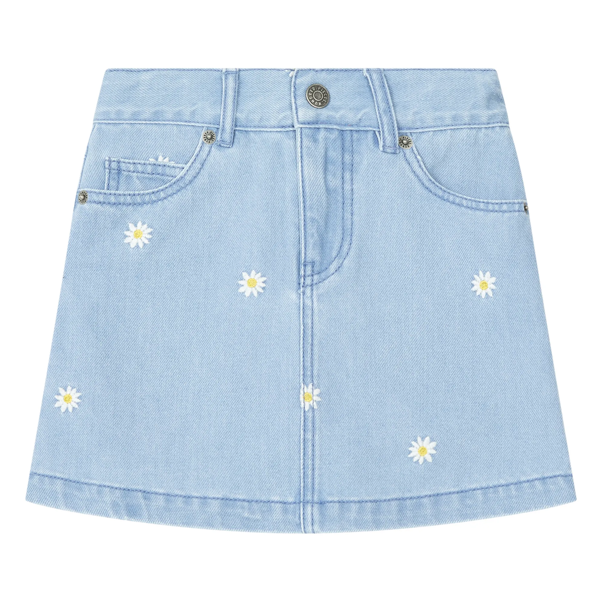 Hundred Pieces Blue Embroidered Flower Stonewashed Denim Skirt