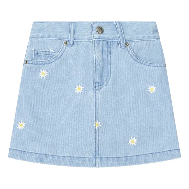 Embroidered Flower Stonewashed Denim Skirt | Blue