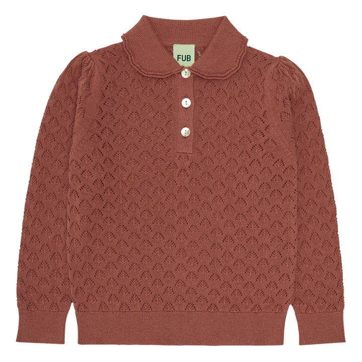 Organic Fine Knit Pointelle Collared Sweater | Terracotta- Product image n°0