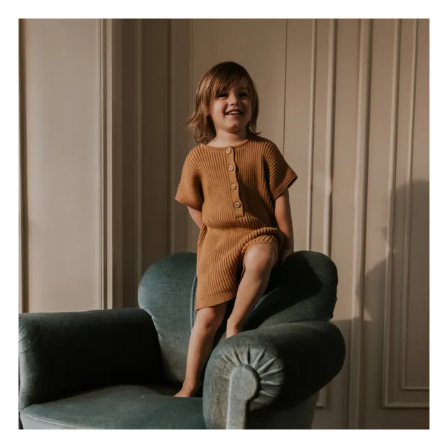 Tutina in maglia traforata in cotone organico | Camel