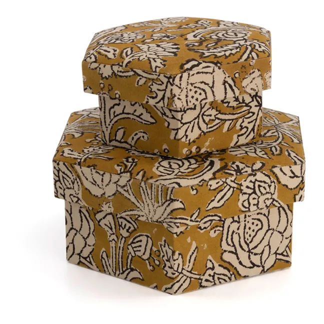 Cajas hexagonales de madera y algodón Botanical - Juego de 2 | Amarillo Mostaza