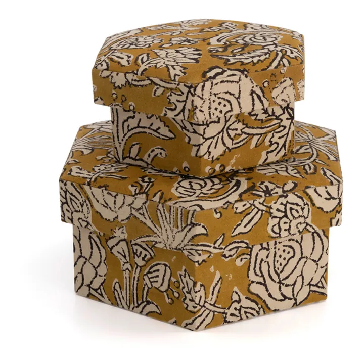Cajas hexagonales de madera y algodón Botanical - Juego de 2 | Amarillo Mostaza- Imagen del producto n°0