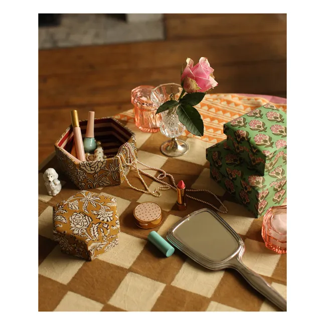 Hexagonal Botanical Boxes in Wood and Cotton - Set of 2 | Mustard