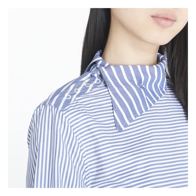 Camisa de algodón orgánico con cuello asimétrico a rayas | Azul Gris