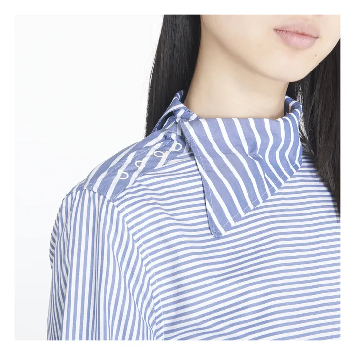 Camisa de algodón orgánico con cuello asimétrico a rayas | Azul Gris- Imagen del producto n°3
