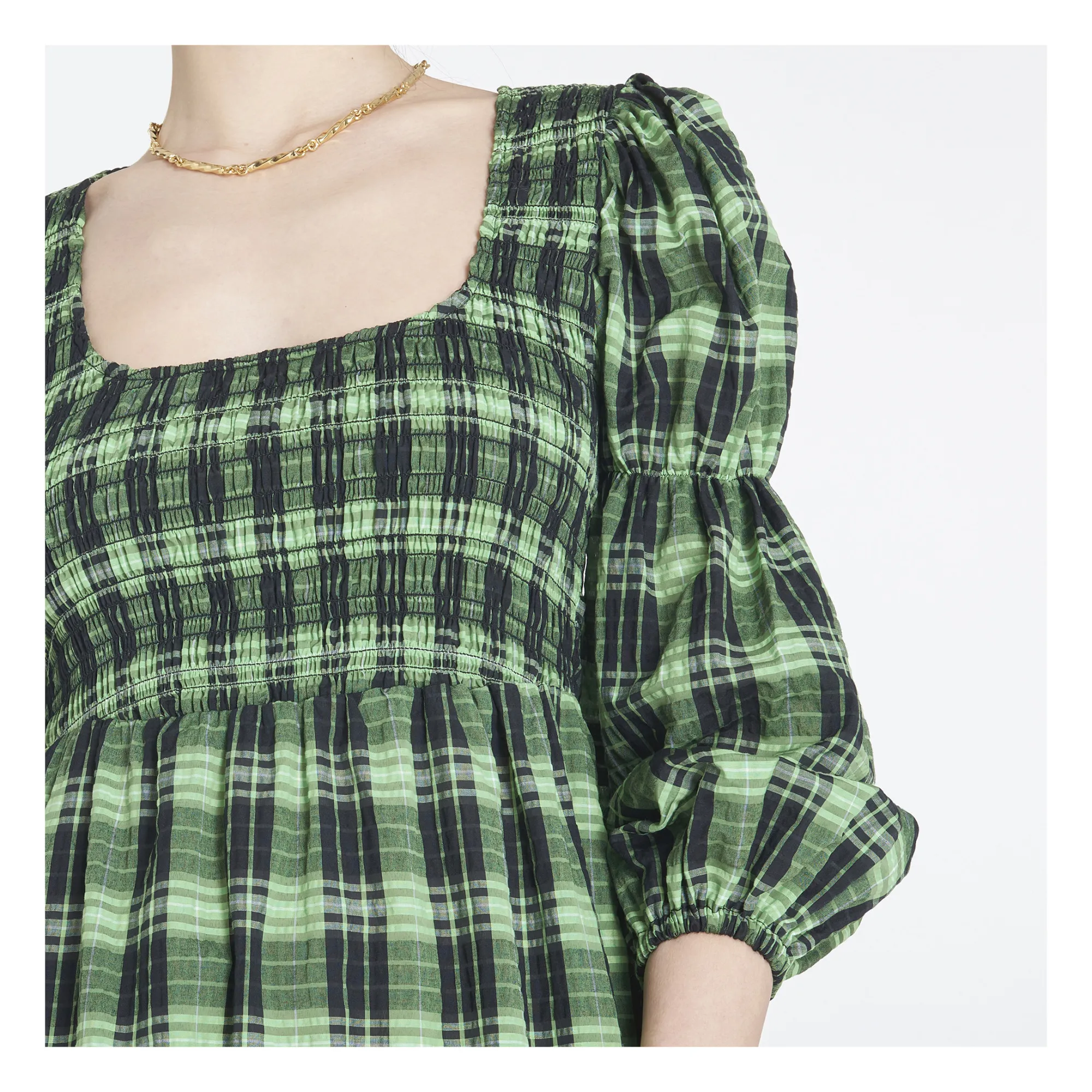 ganni green gingham dress Rent Nobody's Child Green Balloon Sleeve Zora Mini Dress