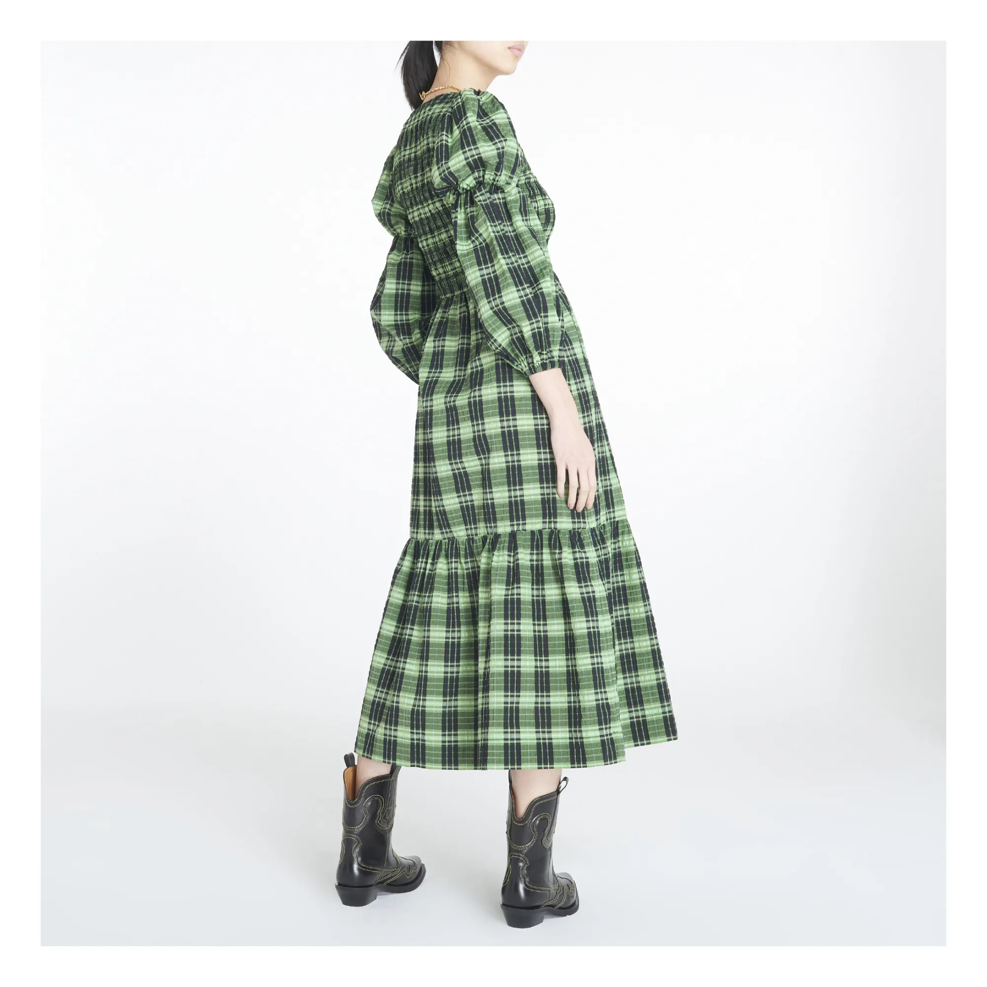 Ganni Gesmoktes Kleid kariert Bio-Baumwolle Grün Smallable