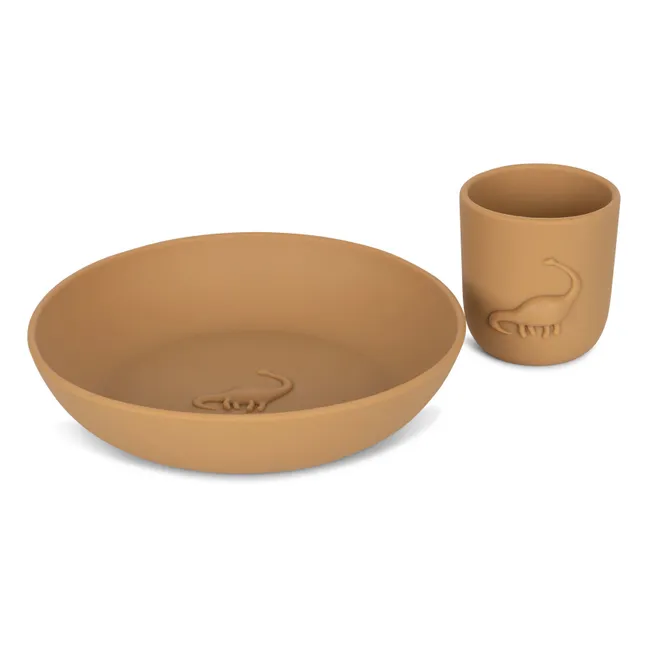 Plato y taza de silicona Dino | Almond