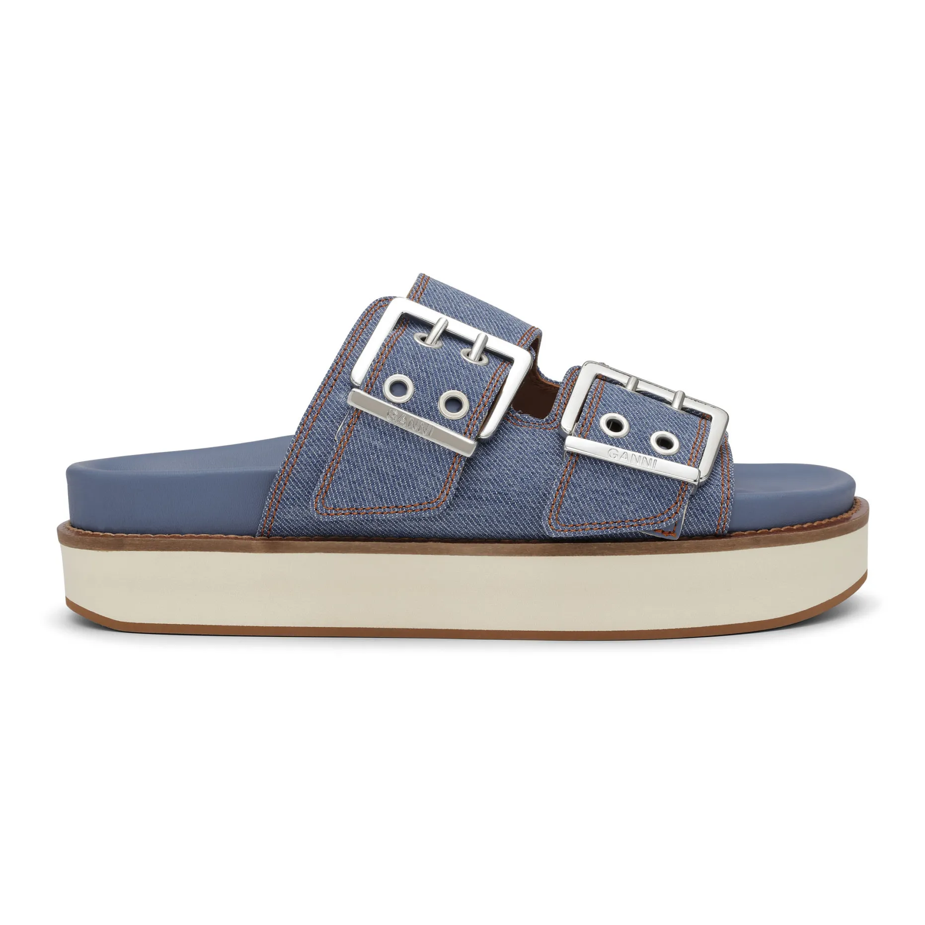 Ganni Blue Chunky Denim Buckle Sandals