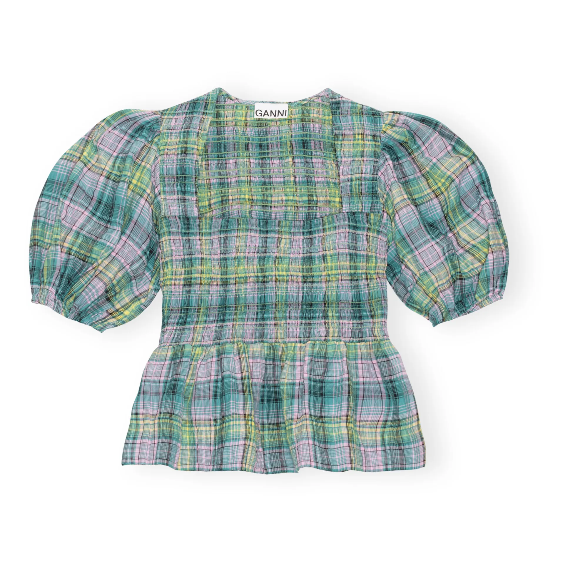 Ganni Green Organic Cotton Crepe Check Blouse