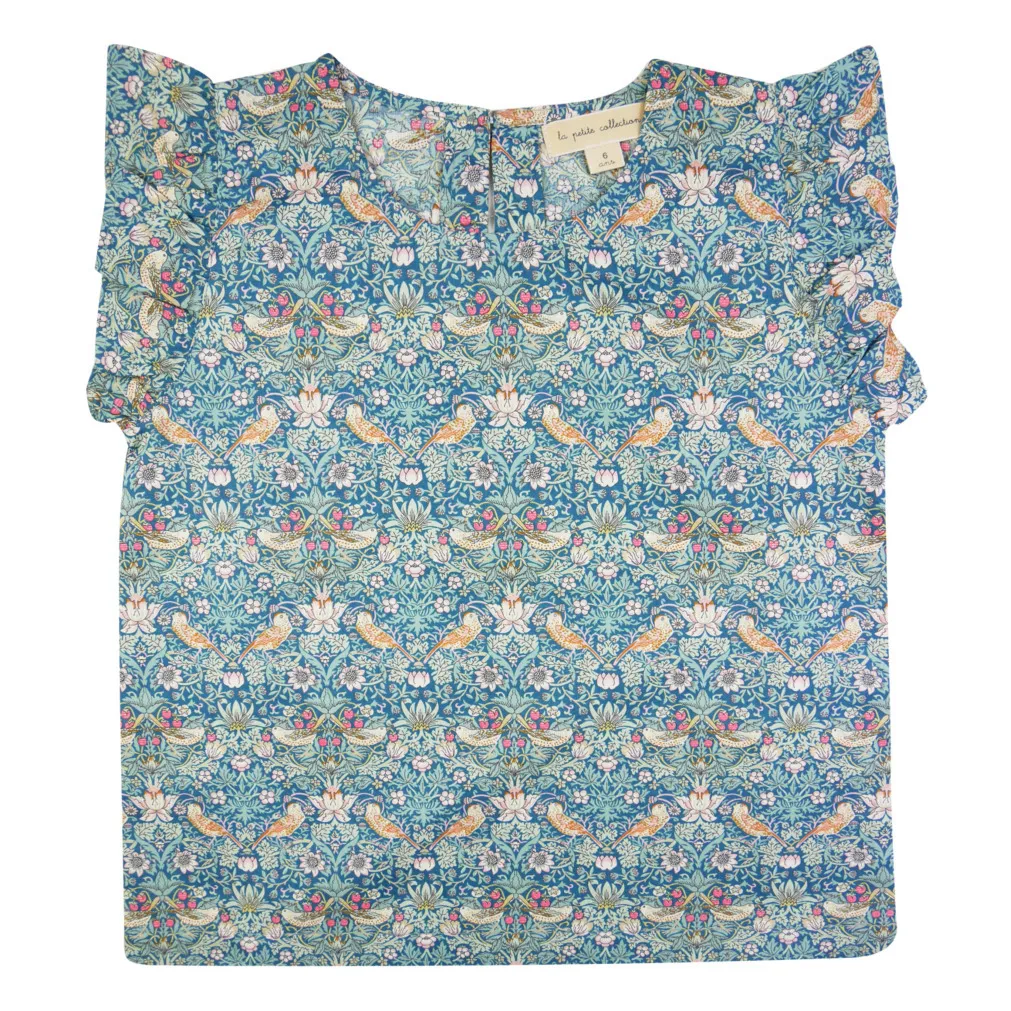 La Petite Collection Peacock Blue Liberty Print Flounce Blouse