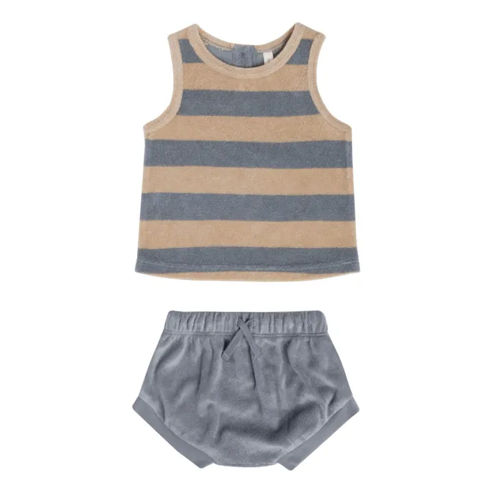 Organic Cotton Terry Cloth Striped Tank Top + Bloomer | Grey blue- Product image n°0
