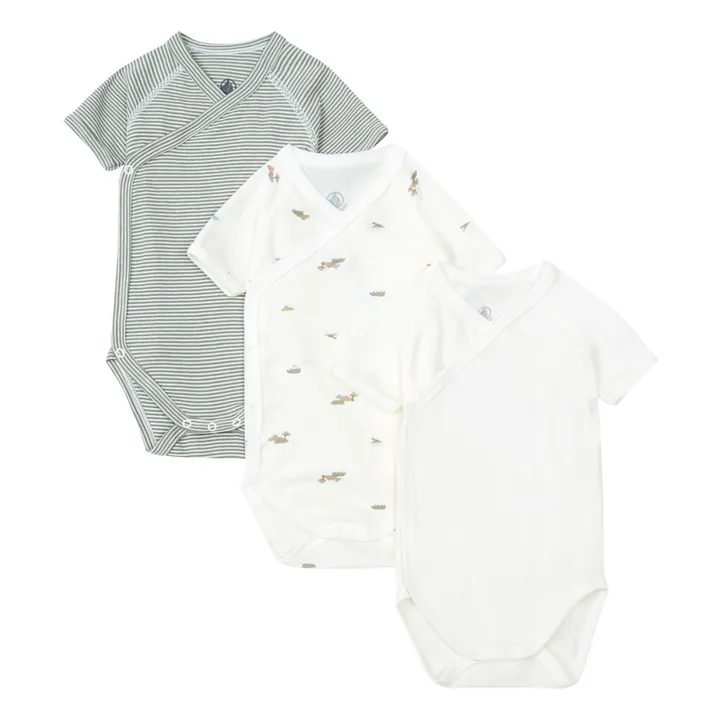 Set of 3 Organic Cotton Wrap Front Short Sleeved Onesies | Ecru- Product image n°0