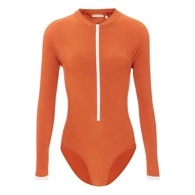 UV-Schutz-Badeanzug Gerippt aus recyceltem Material Uni Damenkollektion | Terracotta