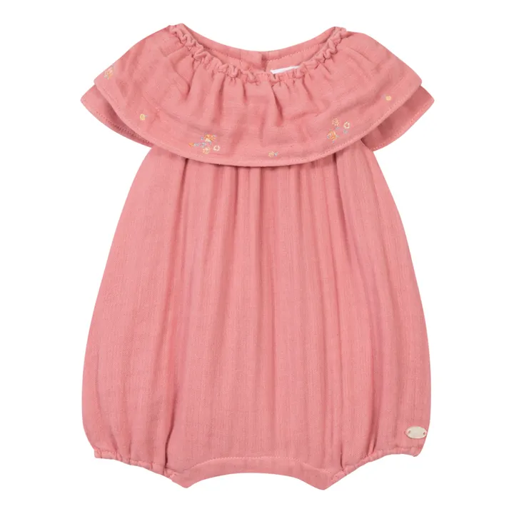 Barboteuse Gaze de Coton Col Brodée | Rose- Image produit n°0