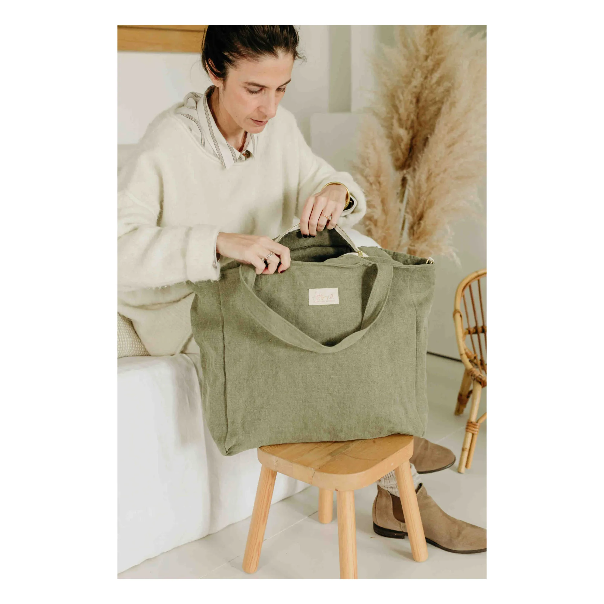 Sac à Langer en Lin Isia | Vert kaki- Image produit n°2