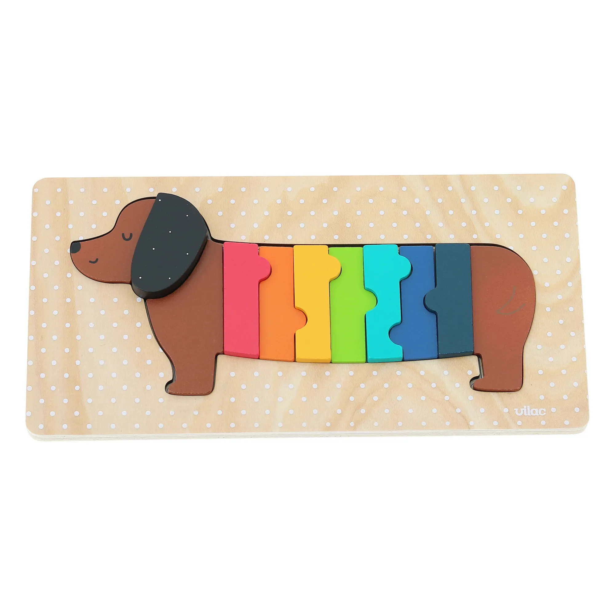 Vilac Multicoloured Sausage Dog Shape Sorting Puzzle - Andy Westface
