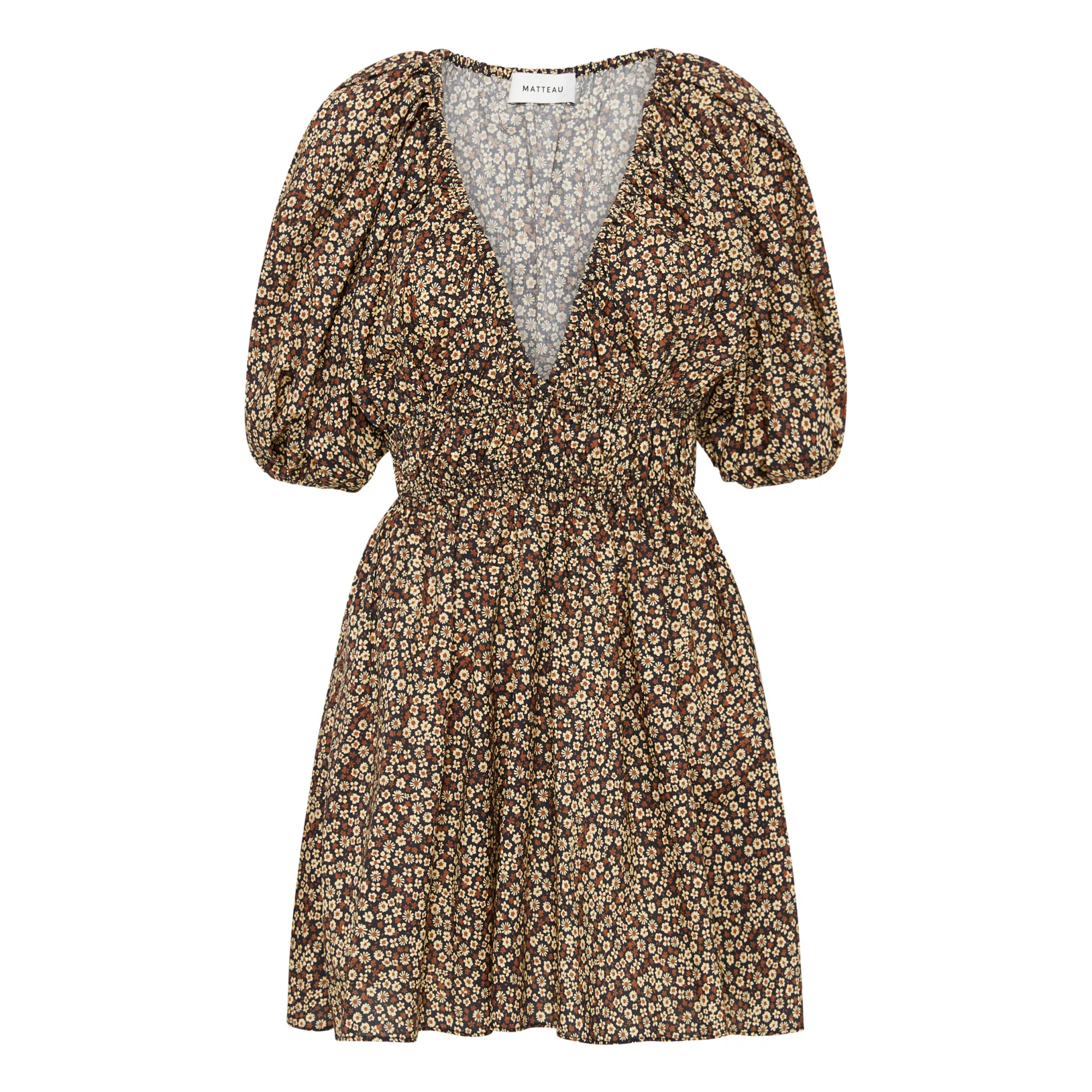 Matteau Brown Shirred Plunge Mini Dress