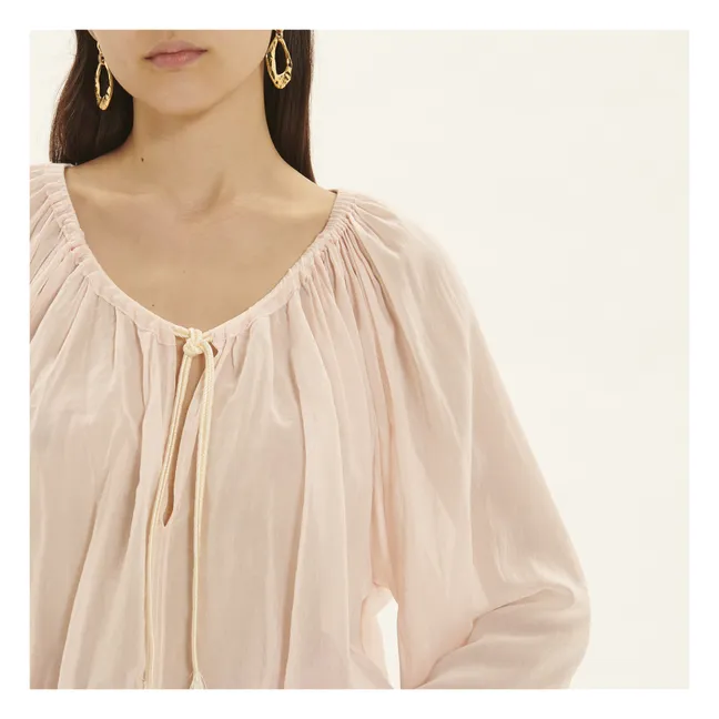 Blusa bohemia anudada de velo de seda y algodón | Rosa empolvado