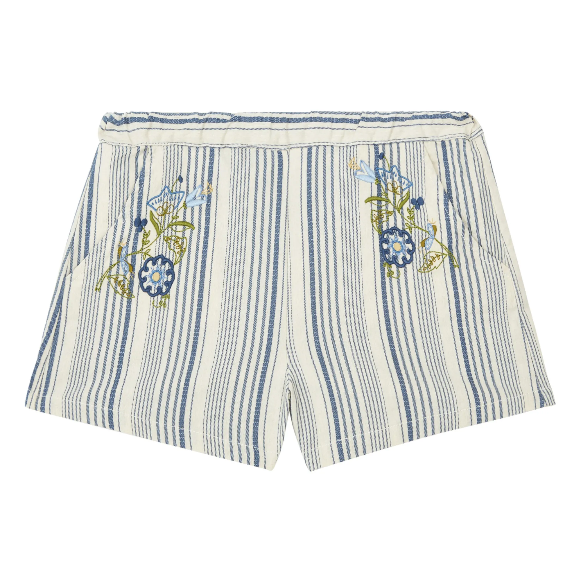 Babe & Tess Blue Embroidered Striped Shorts