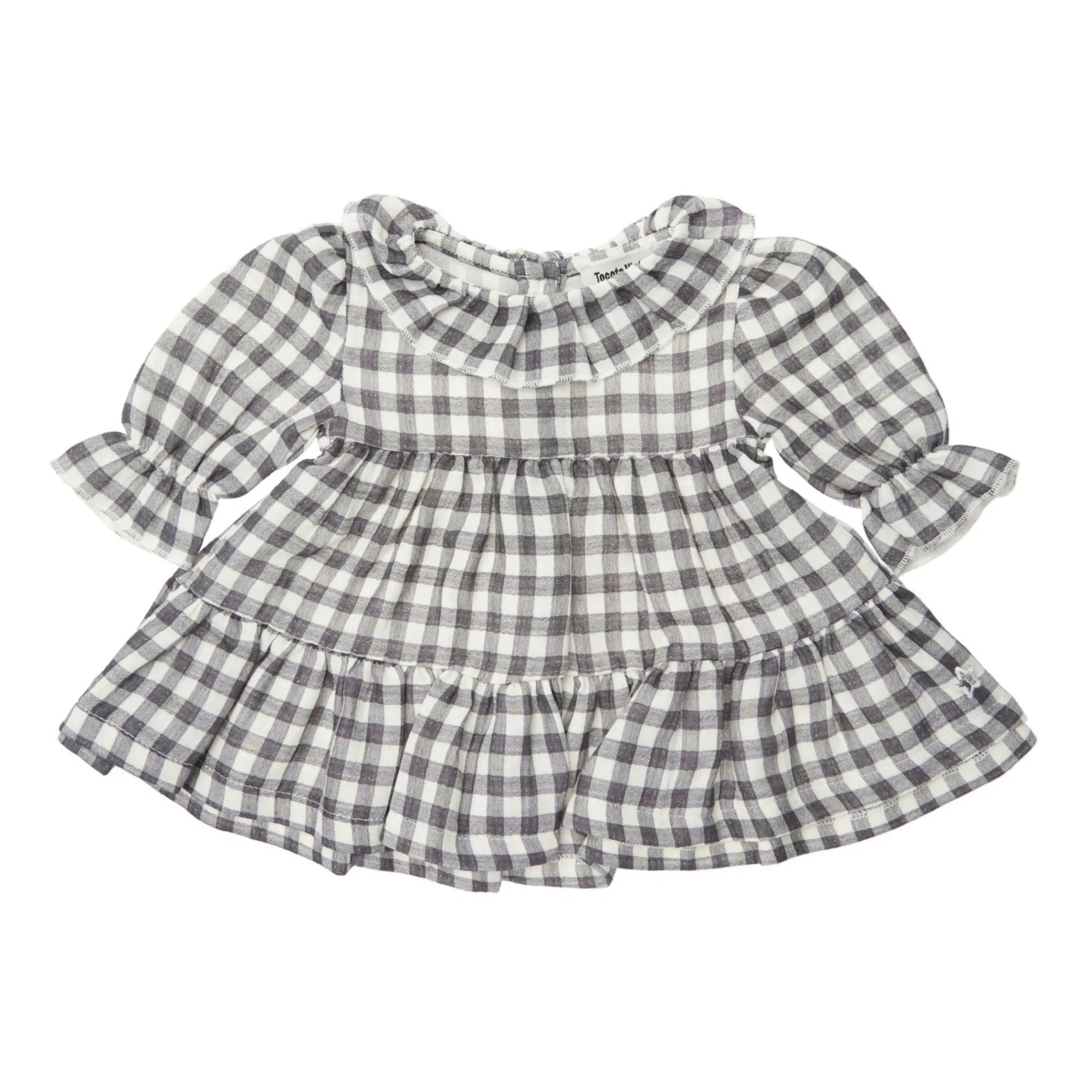 Tocoto Vintage Charcoal Grey Baby Dress In Organic Cotton Vichy