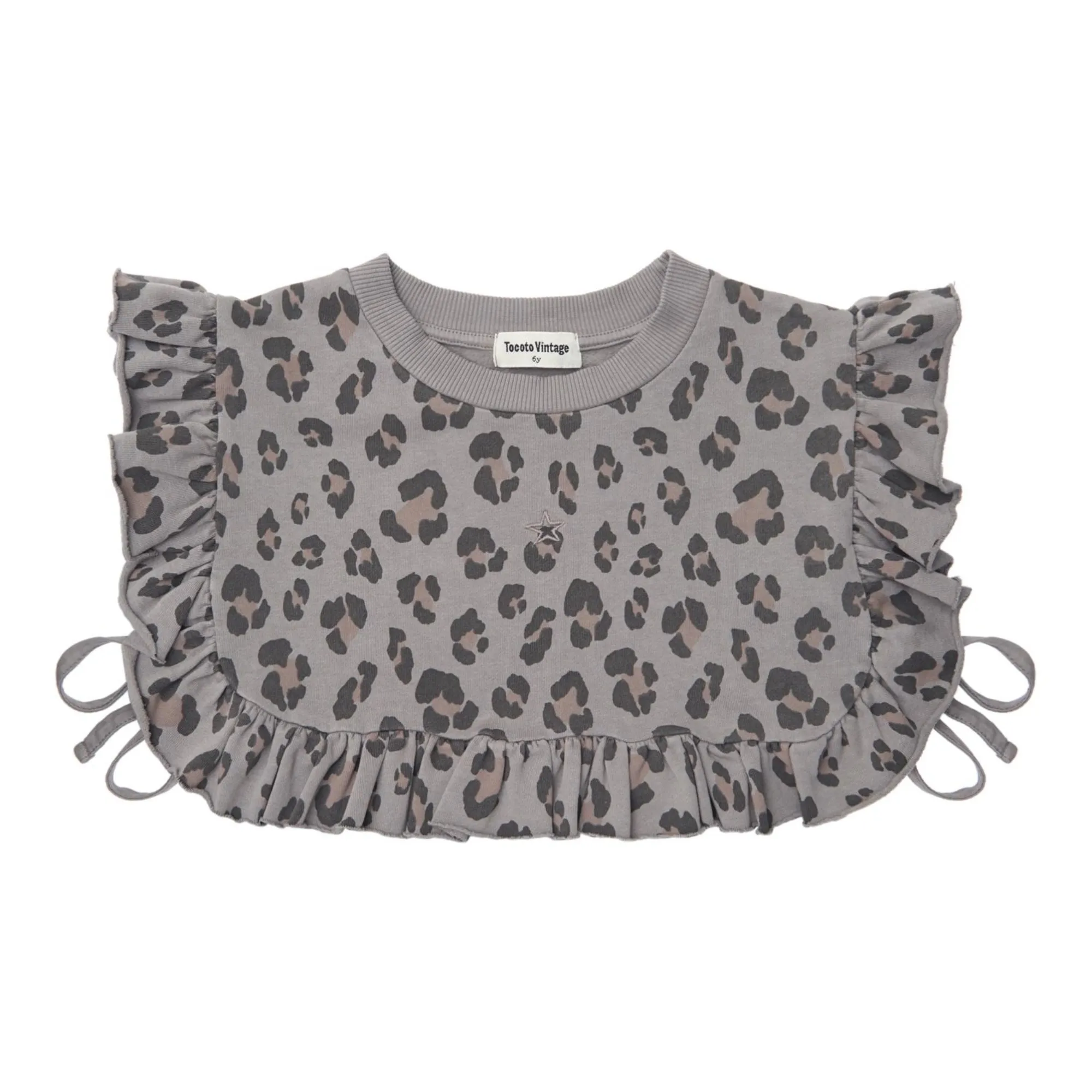 Tocoto Vintage Grey Organic Fleece Leopard Print Frill Top