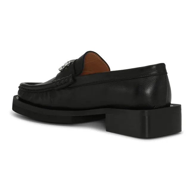 Rhinestone Logo Leather Loafers | Black