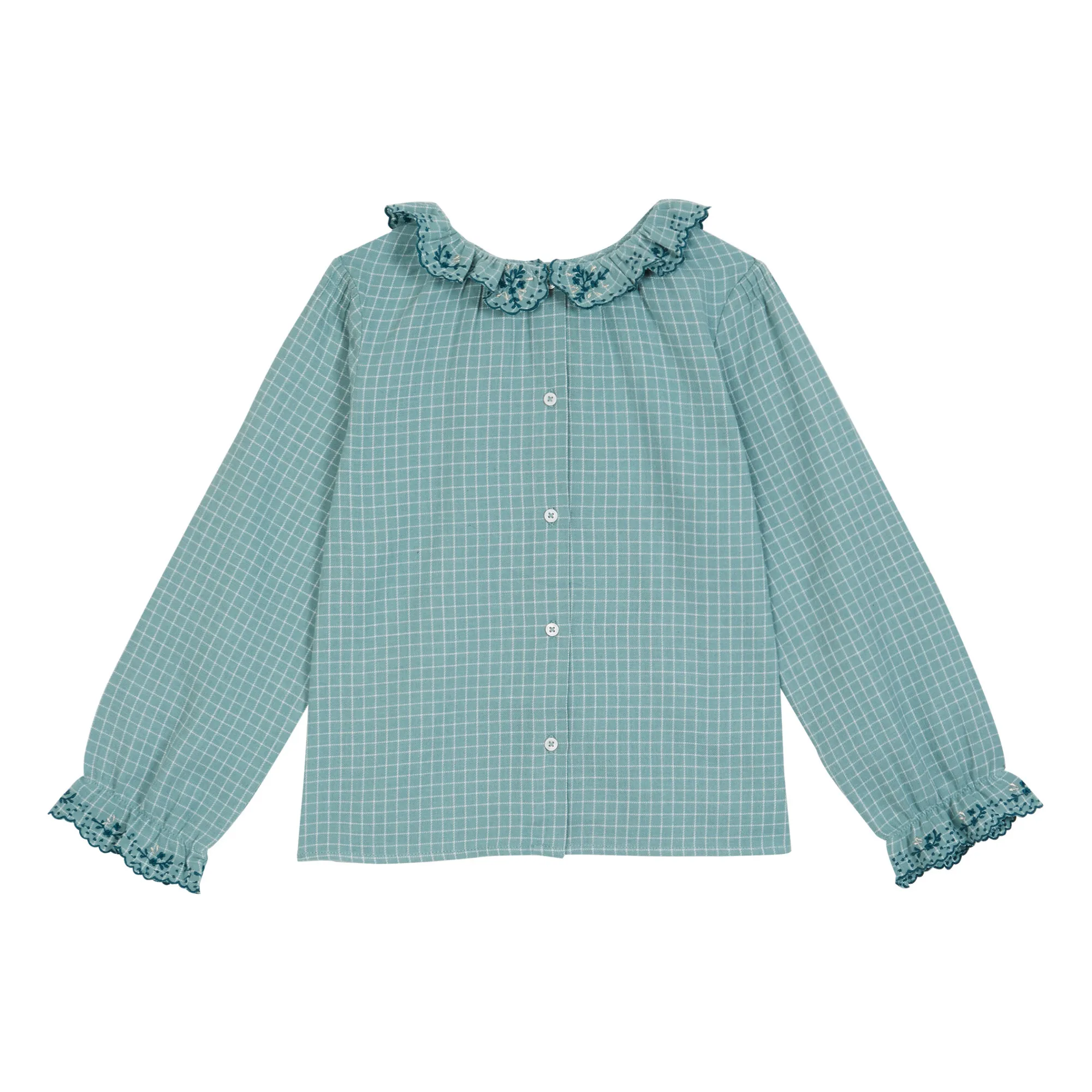 Emile Et Ida Blue Gingham Hand-Embroidered Collar Blouse