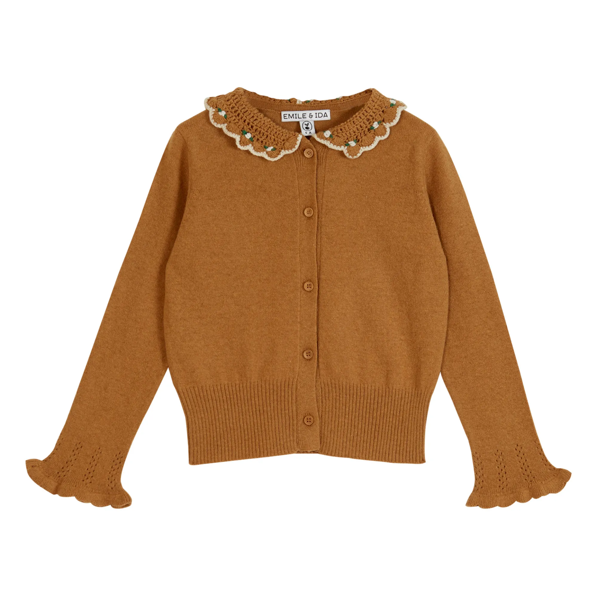 Emile Et Ida Caramel Embroidered Crochet Collar Cardigan