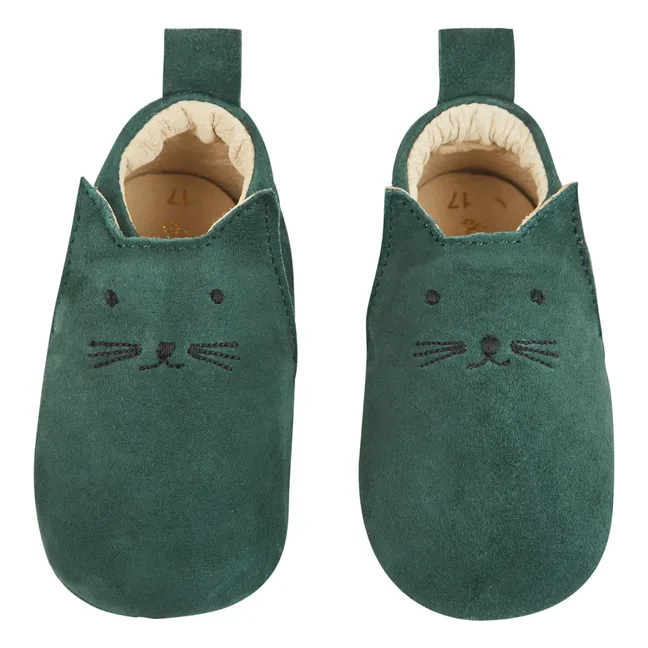 Pantofole in Pelle Gattino | Verde scuro