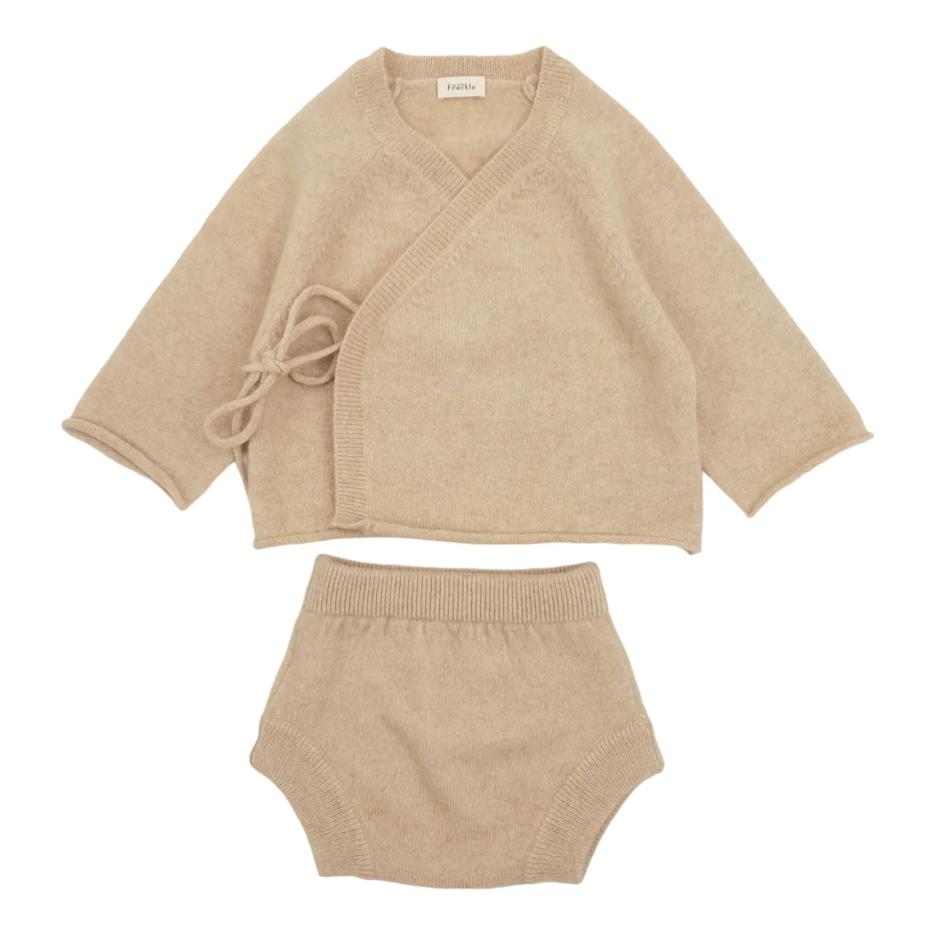 My Little Freckle Unisex Beige Organic Cashmere Bloomer + Wrap Cardigan Set